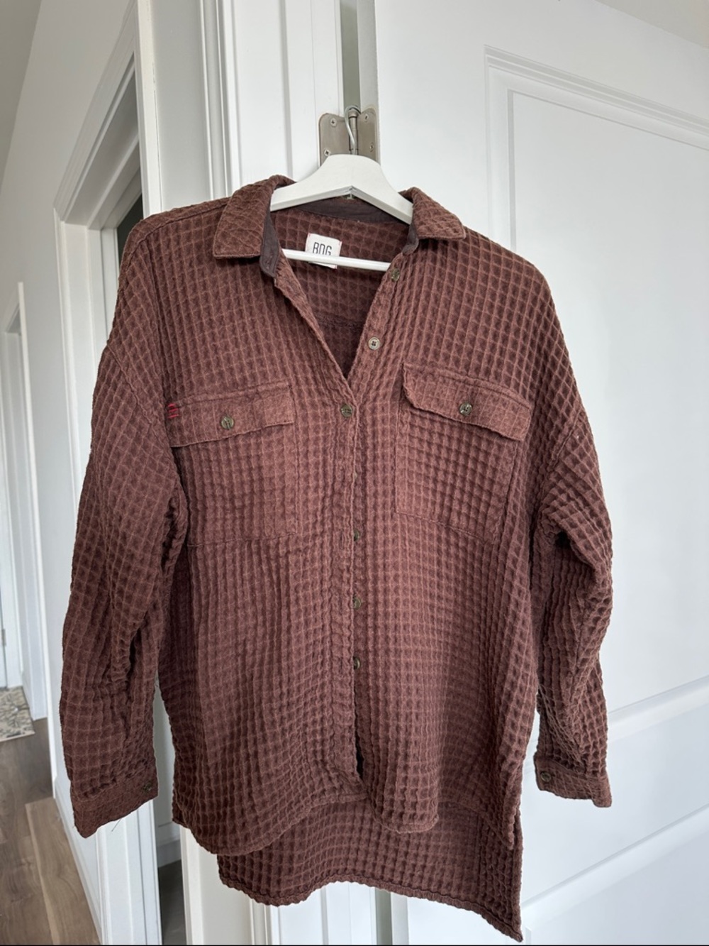 BDG Textured Waffle Knit Button-Up Jacket in Deep Brown